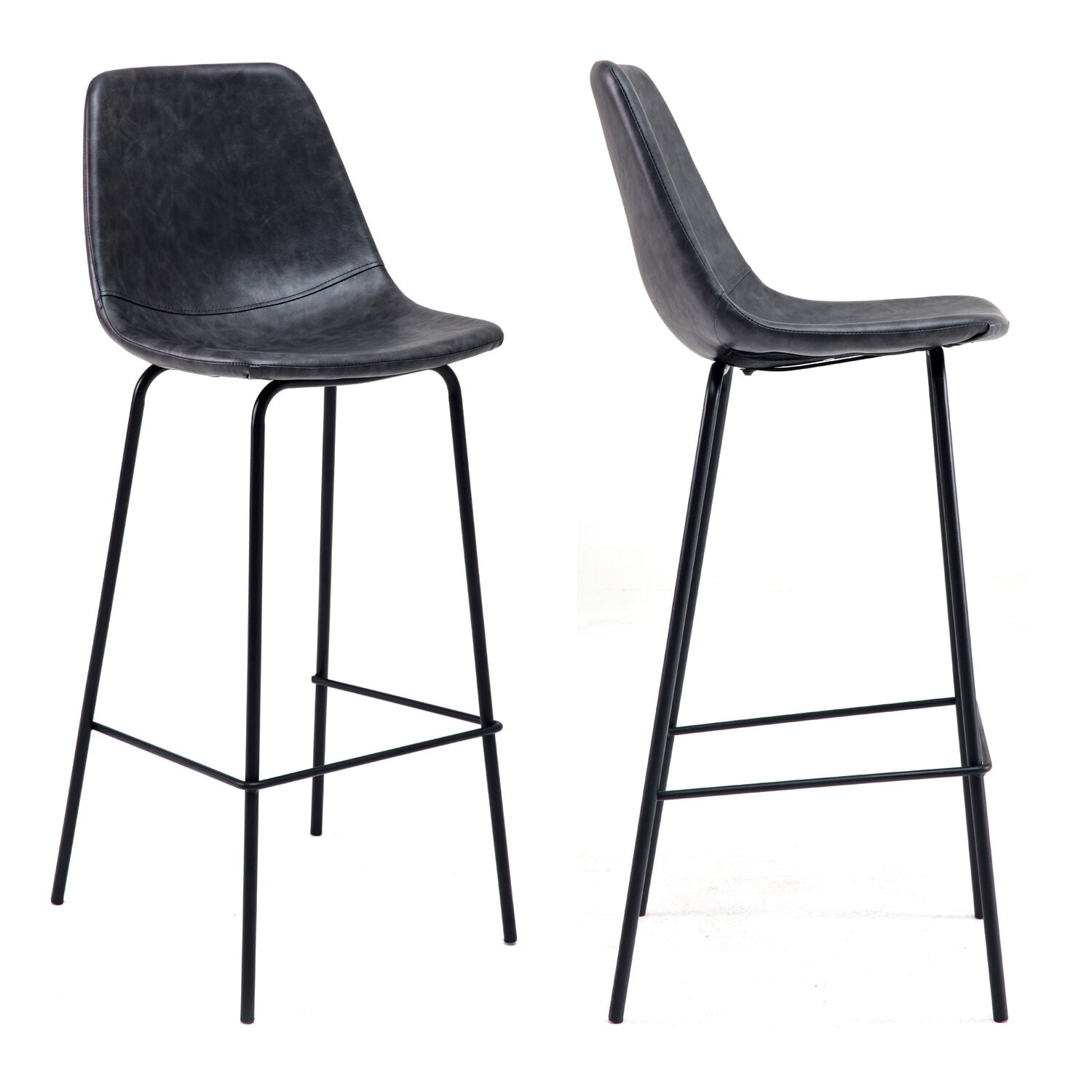 Lot de 2 tabourets de bar vintage LUCIEN gris foncé - Hauteur d'assise 75cm