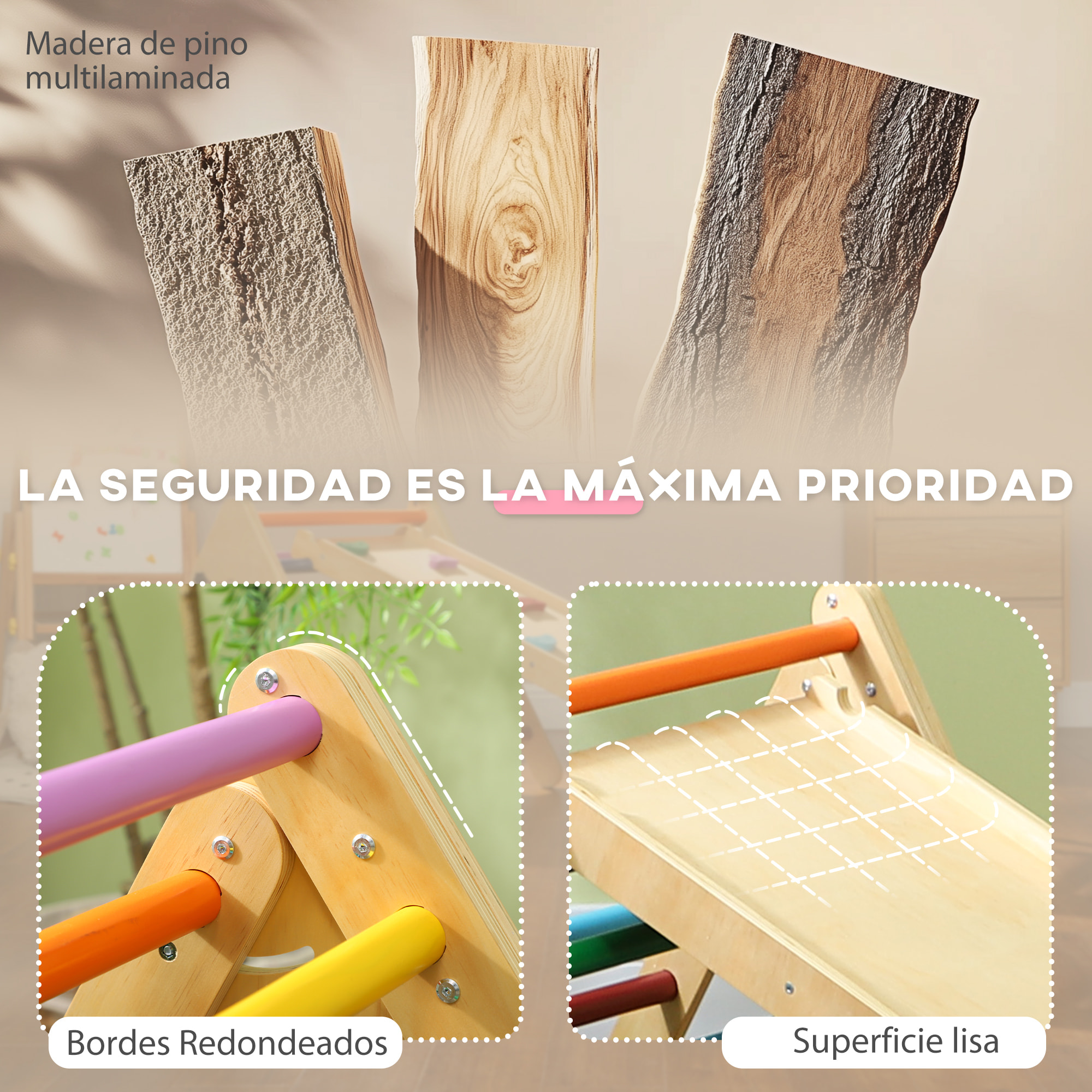 Triángulo de Escalada de Madera 3 en 1 Escalada para Niños de 18-48 Meses con Rampa para Deslizarse o Escalar 147x64,5x63 cm Multicolor