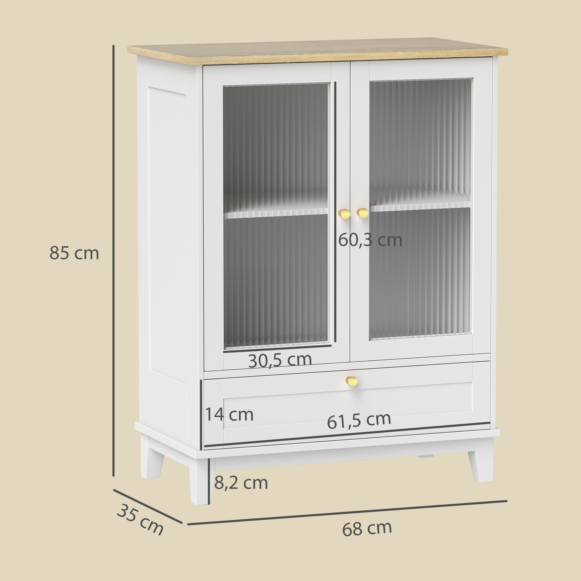Aparador de 2 Puertas de Vidrio Aparador de Salón con Cajón y Estante Ajustable Mueble Aparador de Dormitorio Sala de Estar 68x35x85 cm Blanco y Roble