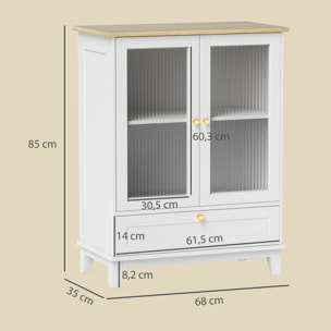 Aparador de 2 Puertas de Vidrio Aparador de Salón con Cajón y Estante Ajustable Mueble Aparador de Dormitorio Sala de Estar 68x35x85 cm Blanco y Roble