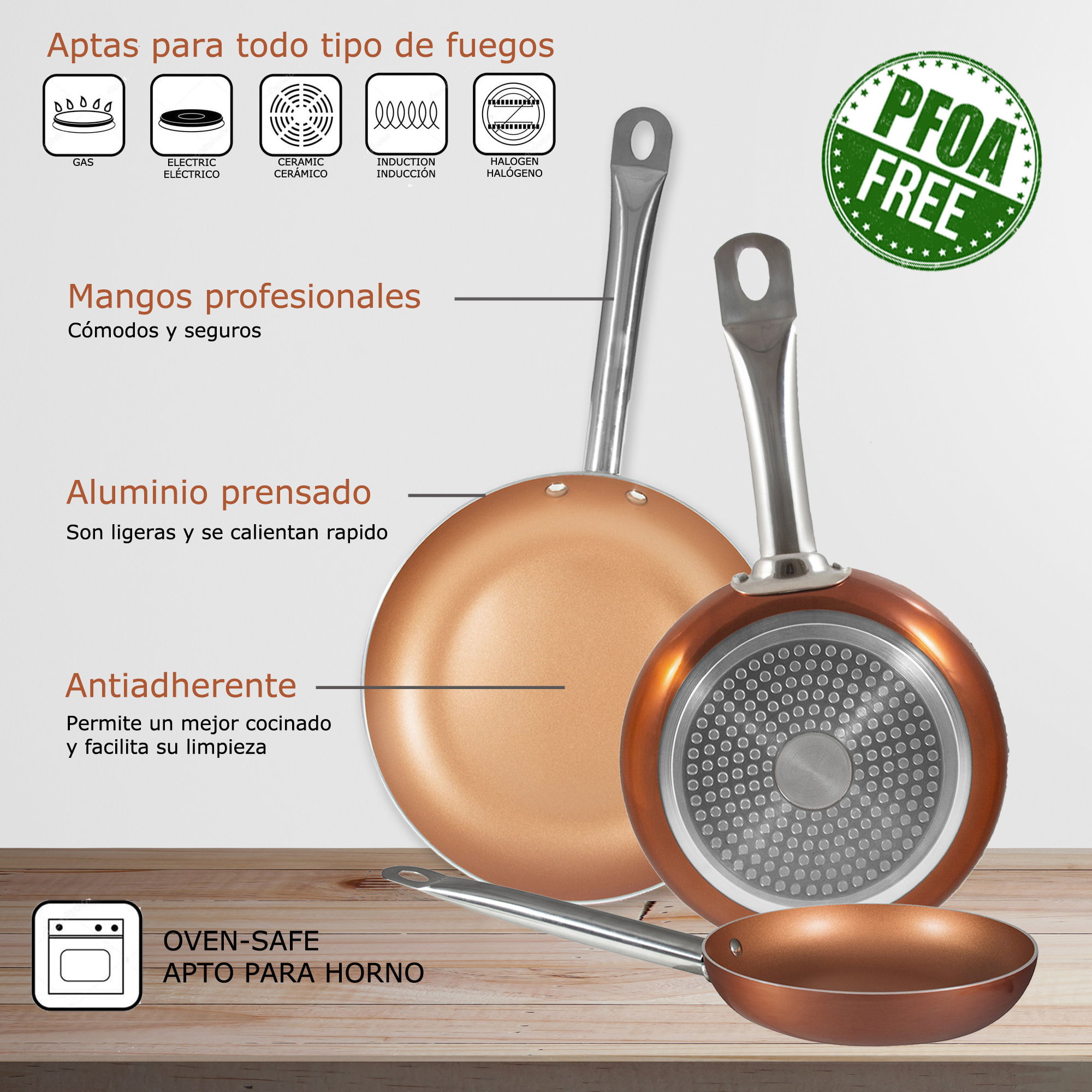 Bateria de cocina 7 piezas MAGEFESA Kenia de acero vitrificado con juego de sartenes (18/22/26 cm) BERGNER Professional Chef Copper Plus en aluminio p