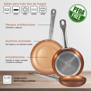 Bateria de cocina 7 piezas MAGEFESA Kenia de acero vitrificado con juego de sartenes (18/22/26 cm) BERGNER Professional Chef Copper Plus en aluminio p