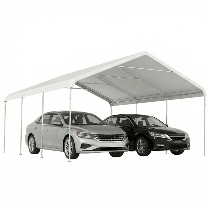 Carpa Garaje Portátil 5x6 m, Garaje Exterior para Coche Impermeable con Estructura de Acero Galvanizado, Toldo Resistente Anti-UV, Cobertizo para Herramientas de Jardín, Blanco Crema
