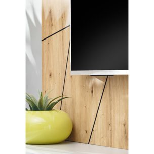 Parete Attrezzata Moderna Per Tv Con Pannello Design Geometrico Mobile 2 Ante Ribalta E Pensile Con Vetrina E Led 200 x 35 x 148 Cm Grigio E Rovere