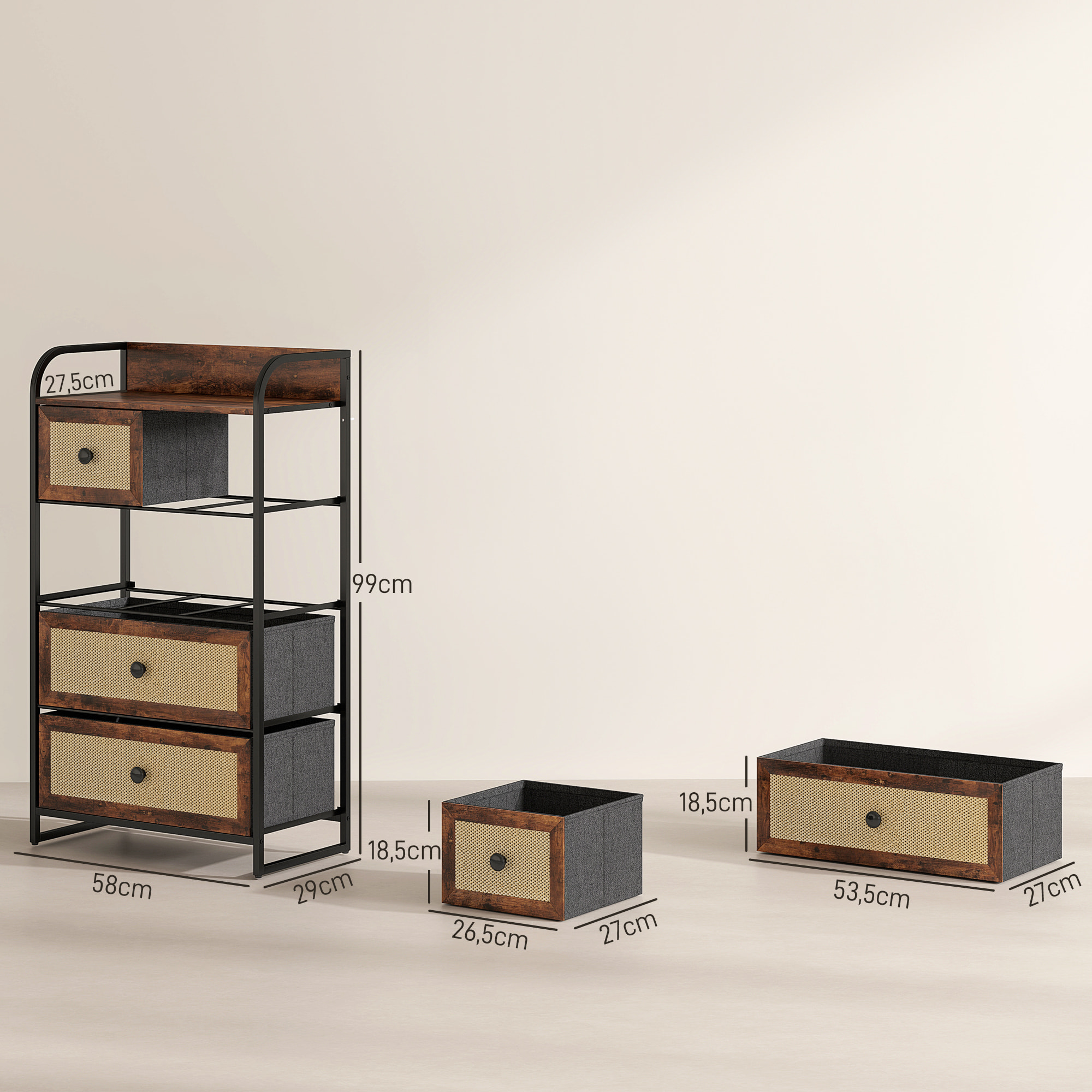 Cómoda para Dormitorio Cajonera de Tela con 5 Cajones Plegables con Frentes de Ratán y Marco de Acero Cajonera para Dormitorio Salón Marrón Rústico