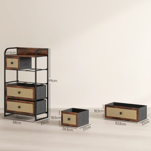 Cómoda para Dormitorio Cajonera de Tela con 5 Cajones Plegables con Frentes de Ratán y Marco de Acero Cajonera para Dormitorio Salón Marrón Rústico