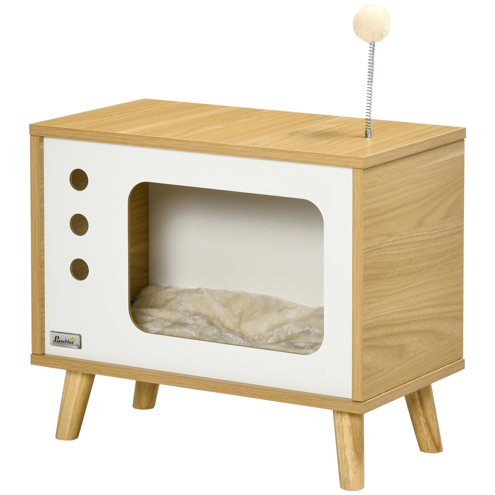 Maison pour chat design poste de télévision - niche chat panier chat - 2 coussins amovibles, boule à ressort - panneaux aspect bois clair blanc