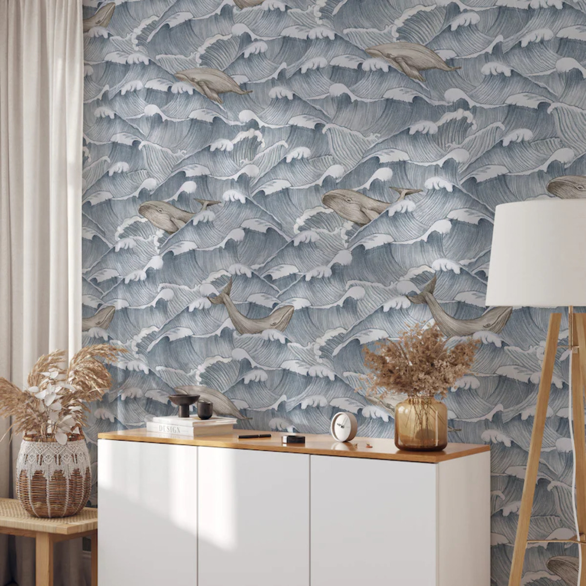 Carta da Parati Mare Vintage con Onde e Balene