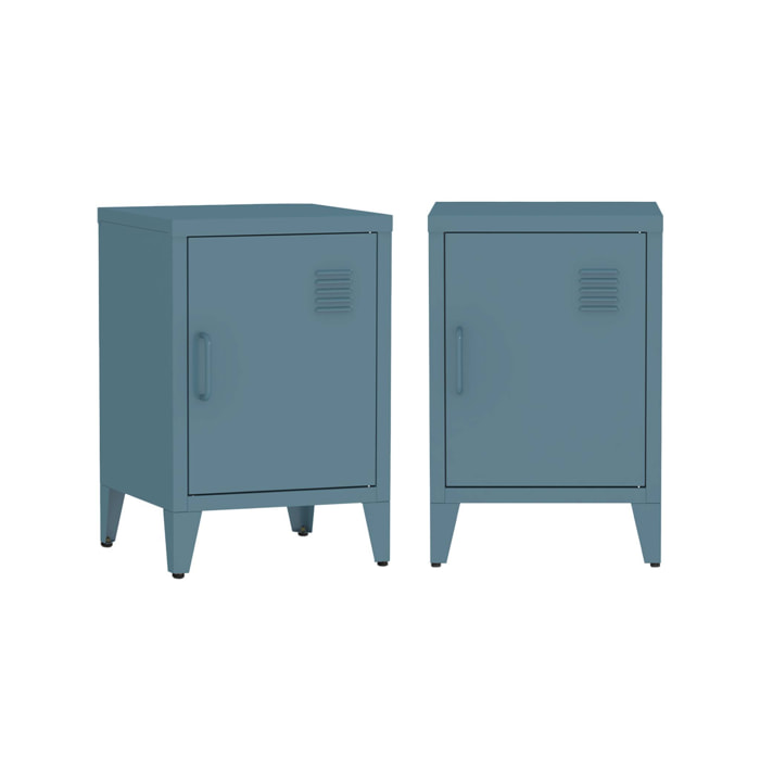 Lot de 2 tables de chevet en acier 1 porte. Bleu pétrole. casier. L 38 x P 38 x H 55.7 cm