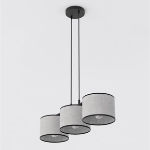 Lampada a sospensione Eco con tre luci in acciaio nero e tessuto grigio
