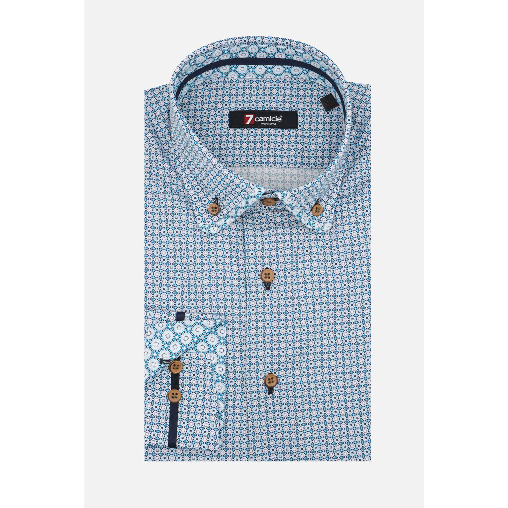 Camicia Uomo 1 Bottoni Button Down Slim Popeline Stampato Verde Ottanio/Bianco