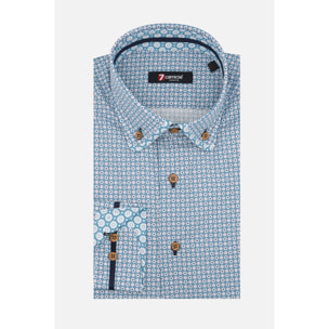 Camicia Uomo 1 Bottoni Button Down Slim Popeline Stampato Verde Ottanio/Bianco