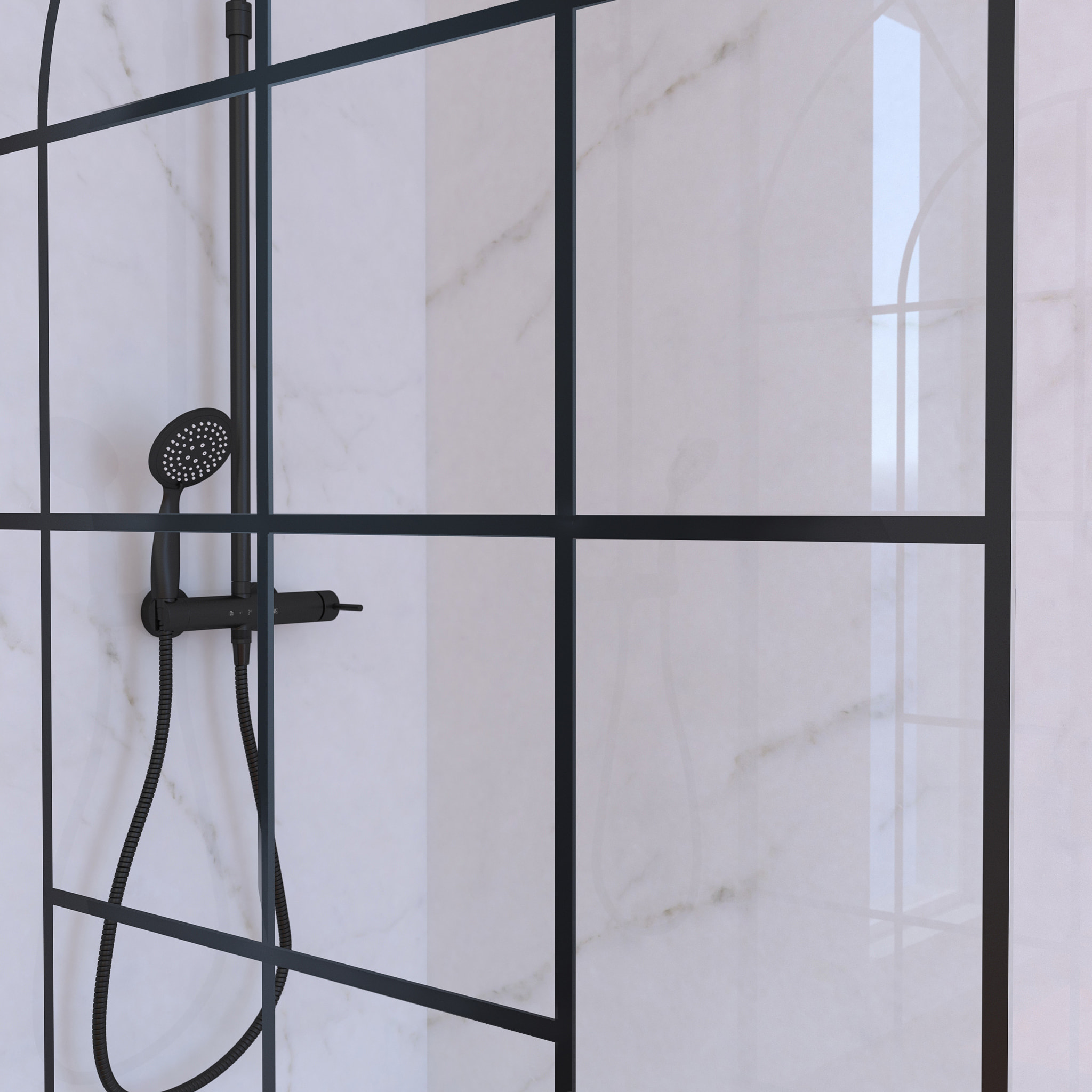 Paroi de Douche 120x195 Motif Verrière + Receveur Blanc 80x120 + Colonne de Douche Noire Mécanique