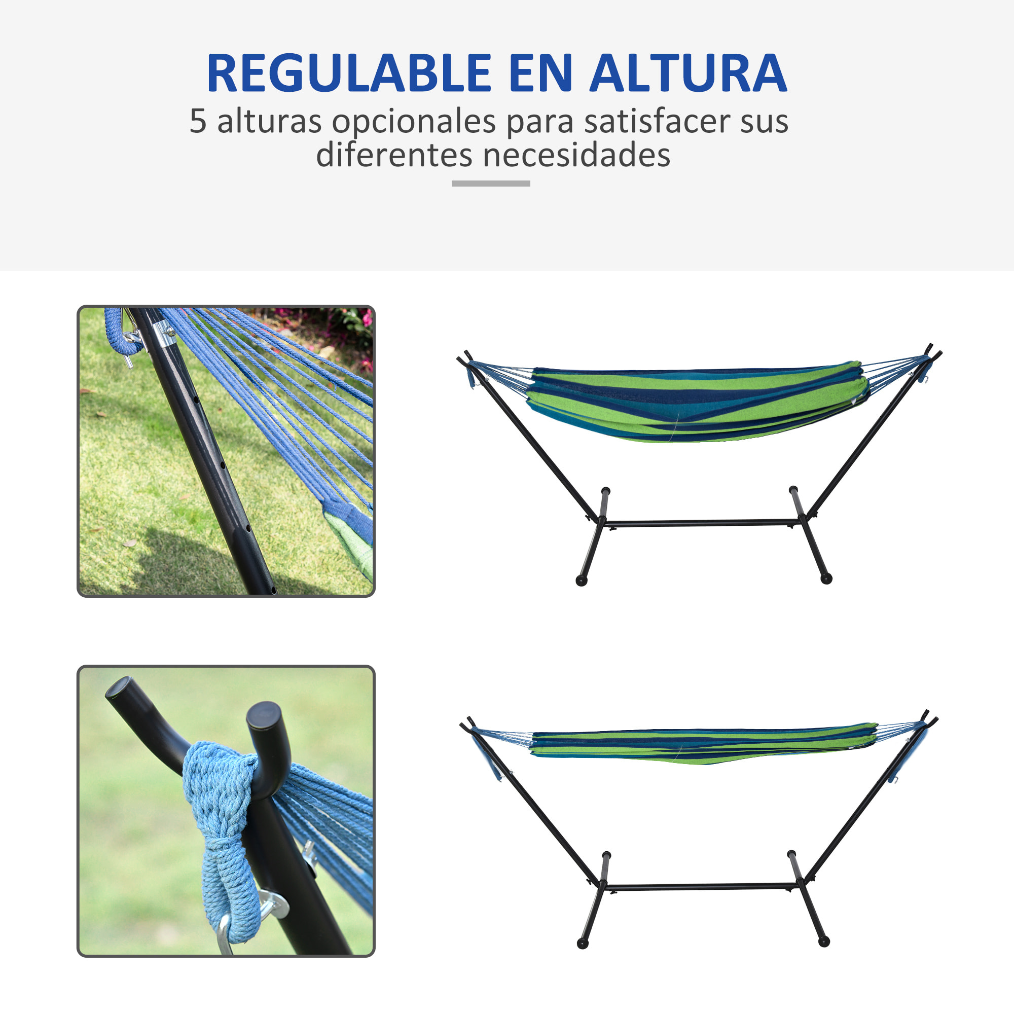Hamaca con Soporte 298x117 cm Hamaca de Camping con Bolsa de Transporte Portátil Altura Ajustable Carga 120 kg para Patio Terraza Raya Verde