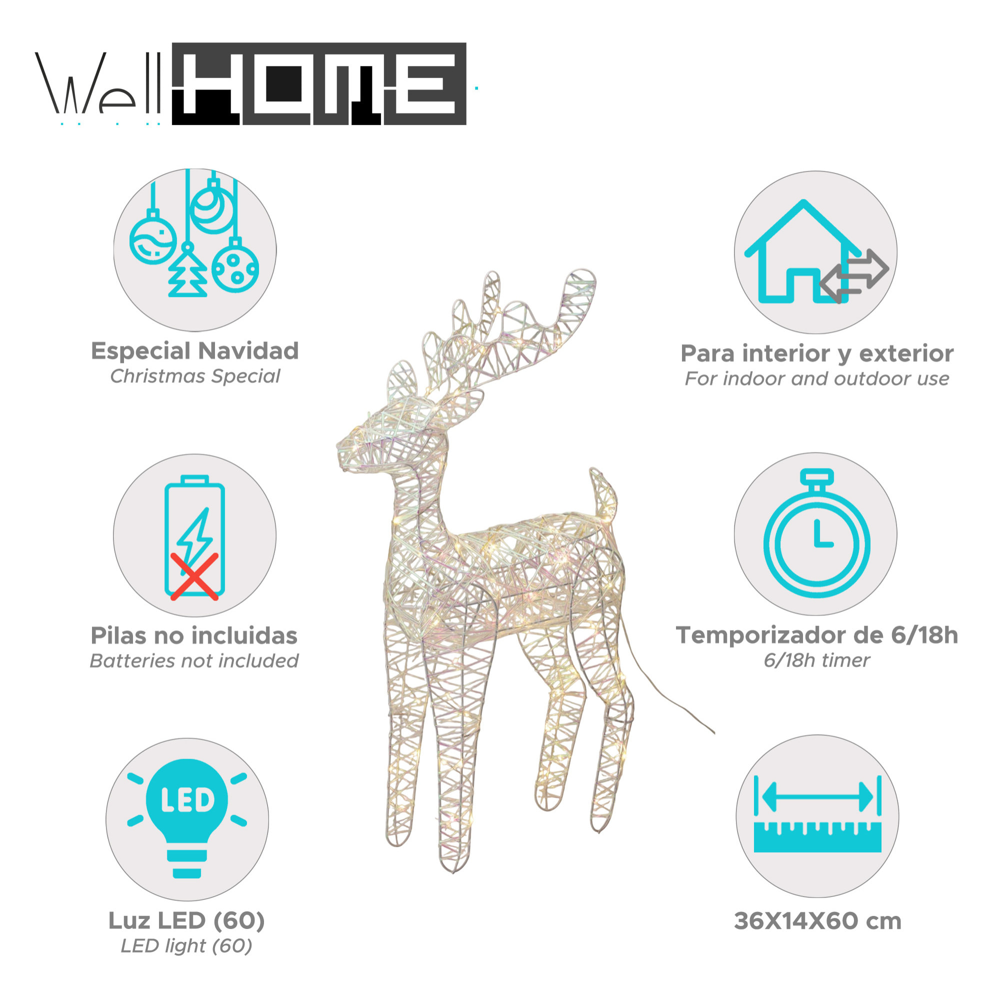 reno luminoso navideño color blanco con 60 luces led 36x14x60cm