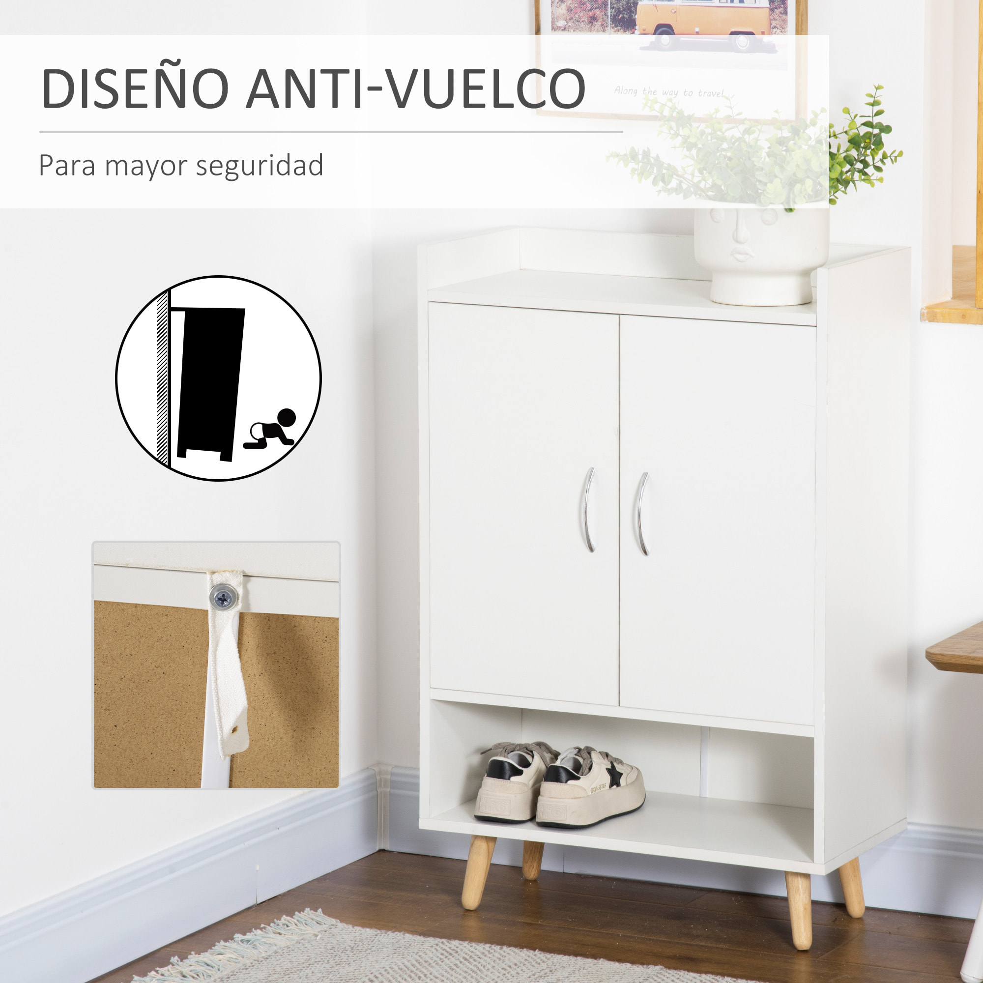 Mueble Zapatero de 2 Puertas Moderno Armario Auxiliar para 12 Pares de Zapatos con 4 Estantes para Recibidor Salón Dormitorio 60x30x92 cm Blanco