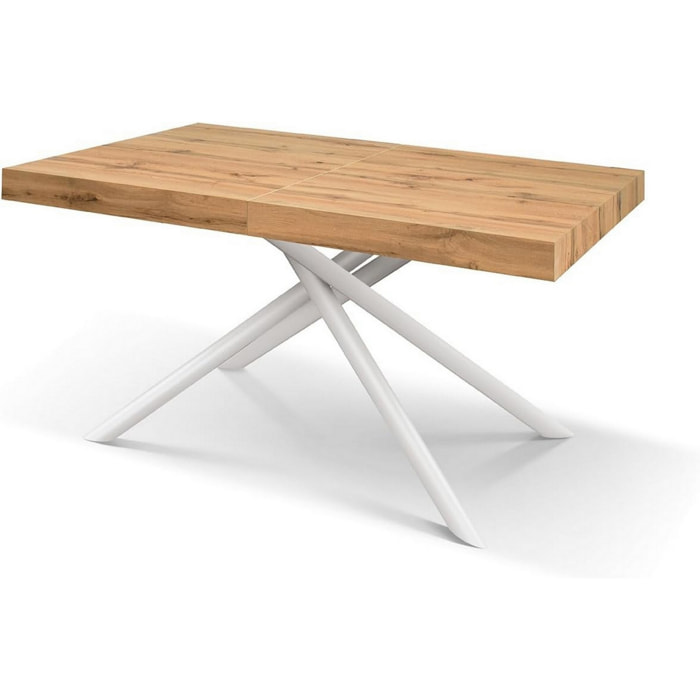 Tavolo CARRARA in legno, finitura rovere rustico e base in metallo verniciato bianco, allungabile 140x90 cm - 220x90 cm