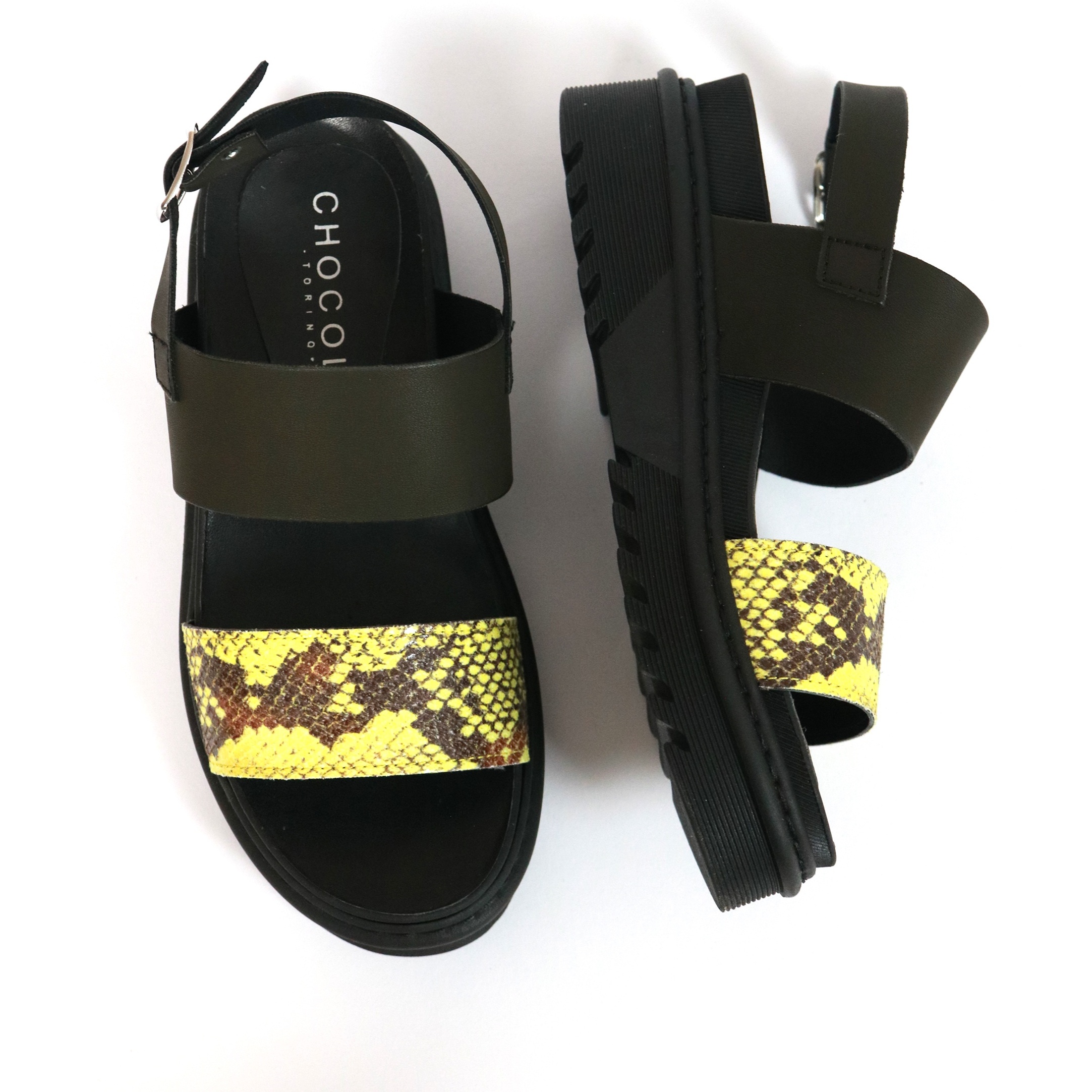 SANDALO FLATFORM DOPPIA FASCIA CHOCOLA' NERO E GIALLO