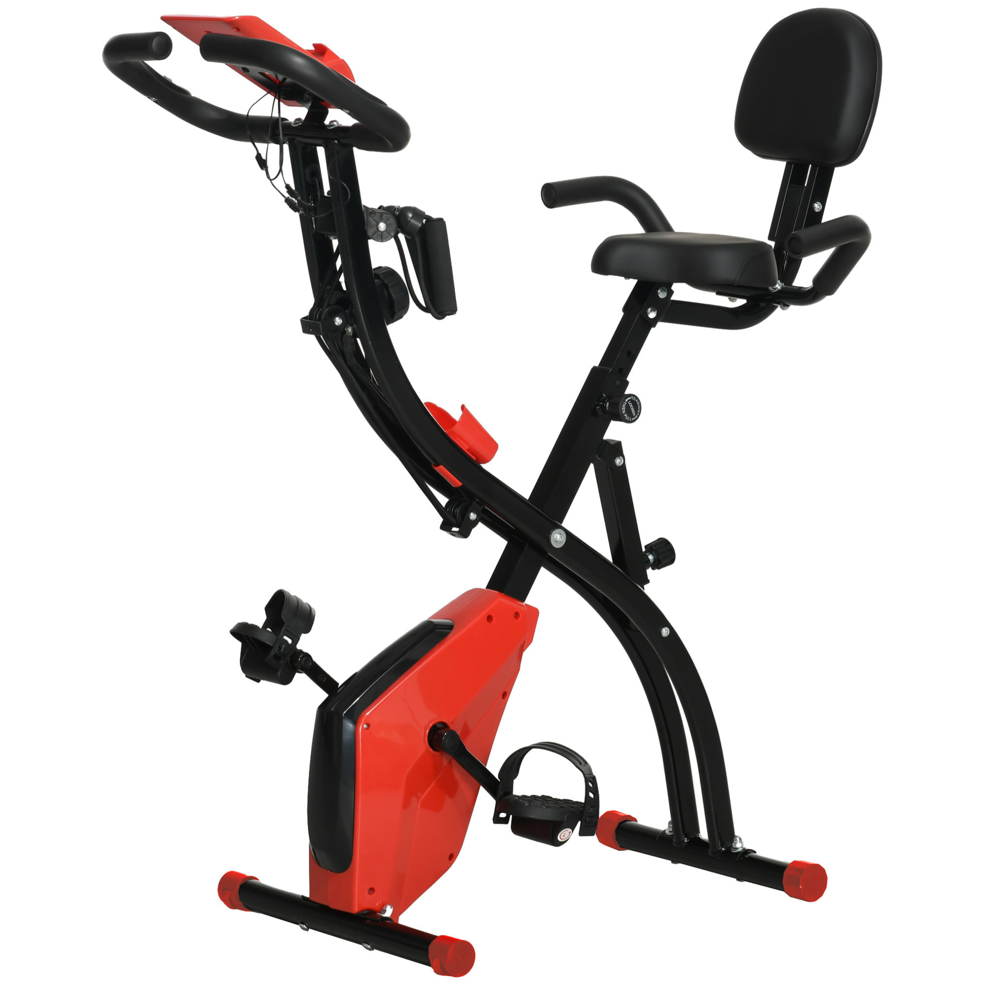 Bicicleta Estática Plegable 3 en 1 con Respaldo y 8 Niveles Resistencia Magnética, Bicicleta Estática para Casa Ajustable con Monitor LCD Volante Banda Sensor de Pulso Soporte de Teléfono Rojo