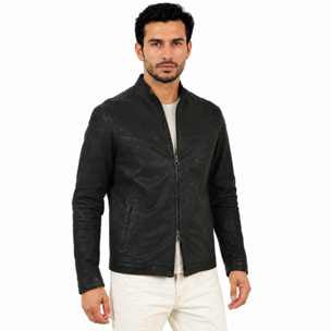 Giubbino in pelle di vitello rifinizione dakota Nero-Slim Fit