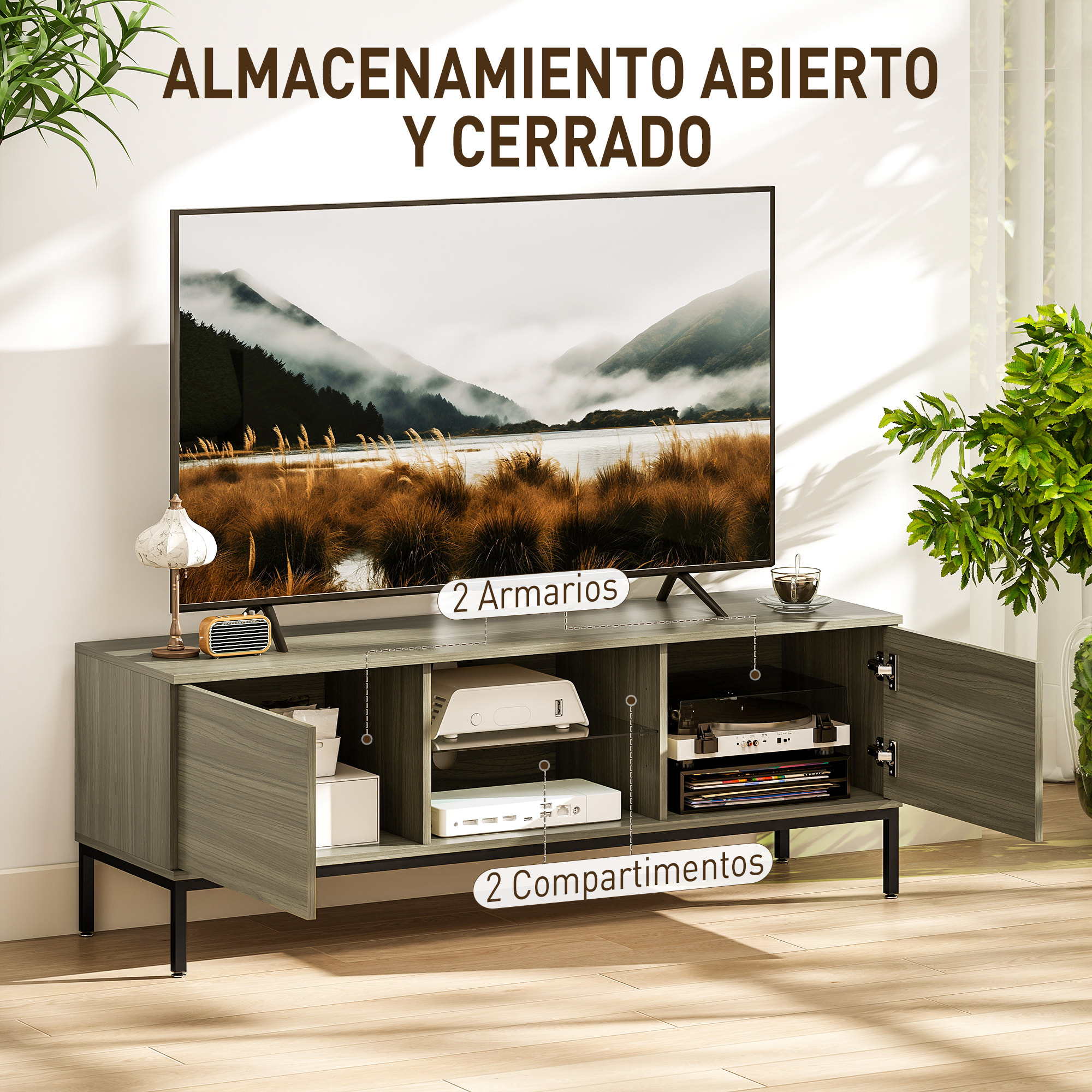 Mueble de TV Moderno Mueble de TV para Salón con 2 Compartimentos Abiertos 2 Puertas Estante de Cristal Ajustable y 2 Orificios para Cables para Televisión hasta 60 Pulgadas 140x40x49,5 cm Gris