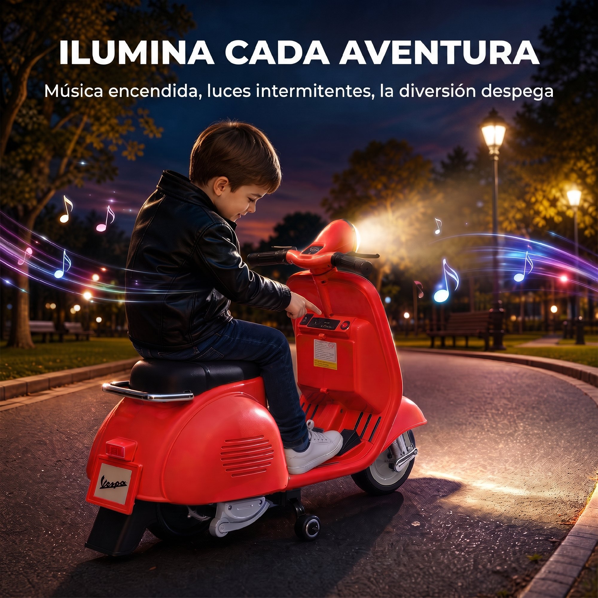Moto Eléctrica para Niños Licencia VESPA 6V, Moto Eléctrica Infantil con Arranque Suave, Ruedines Desmontables, Luz Delantera, Música, Bocina, USB, Avance, Atrás, para Niños de +3 Años, Rojo