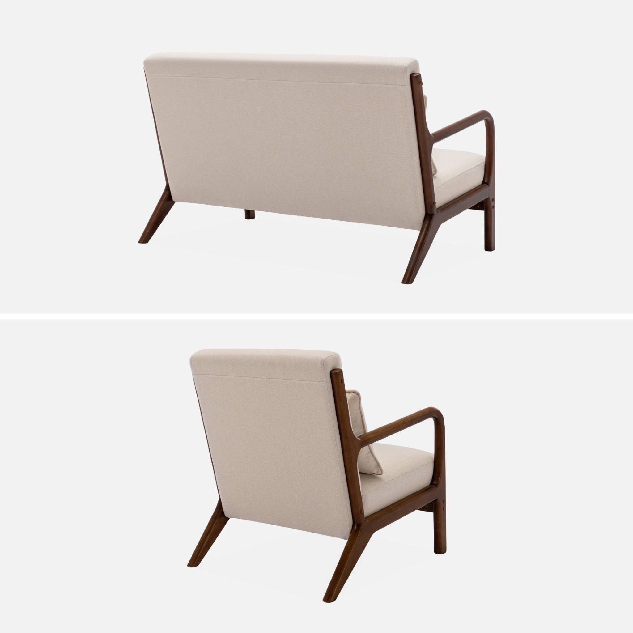 Banquette 2 places + Fauteuil en bois et tissu beige. bois d'hévéa teinté noyer clair