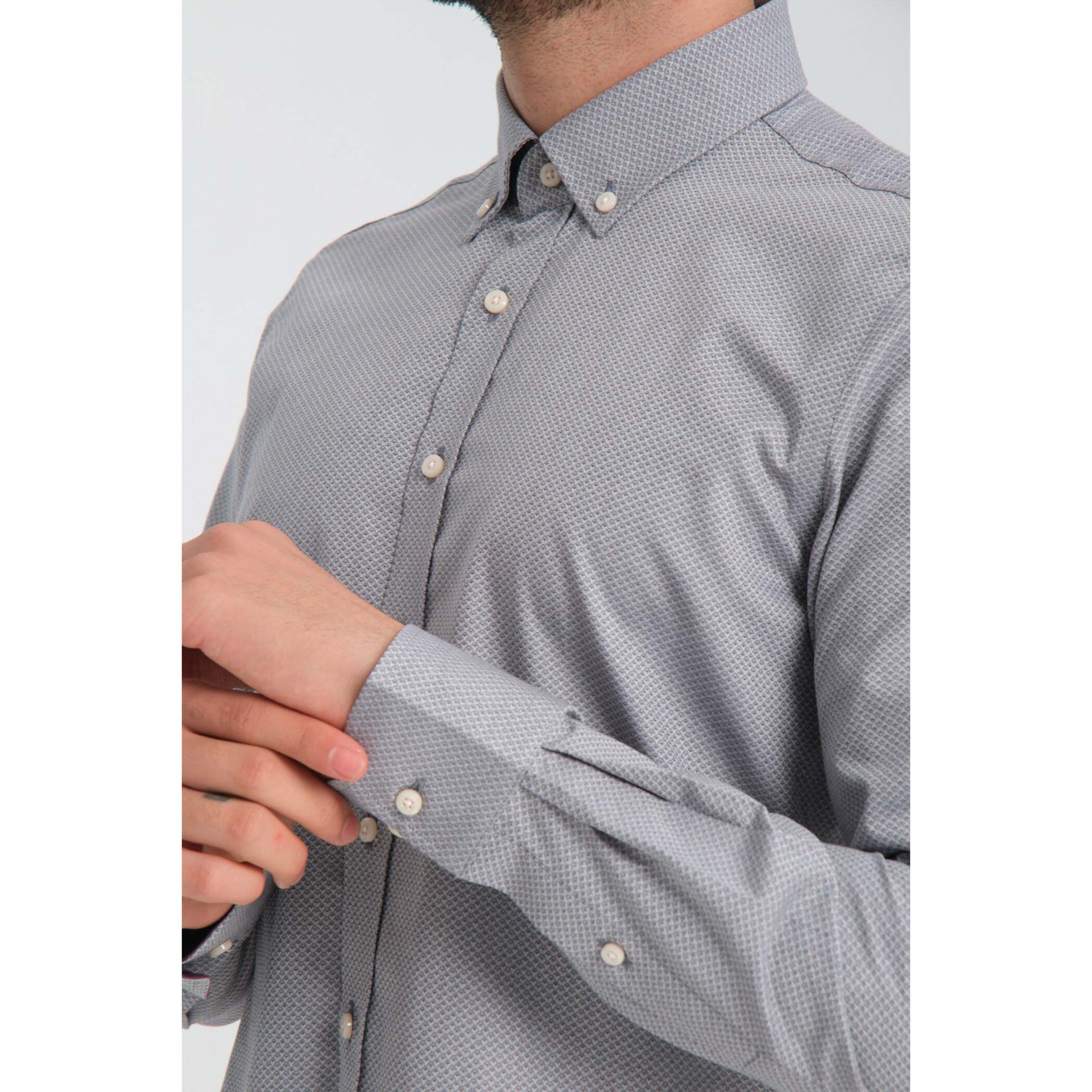 camicia uomo 1 bottone button down slim Jacquard Fantasia Grigio/Bianco