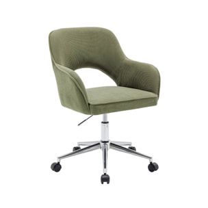 Chaise de bureau à roulettes velours côtelé kaki piétement chromé. L 60 x P 62 x H 89 / 99cm