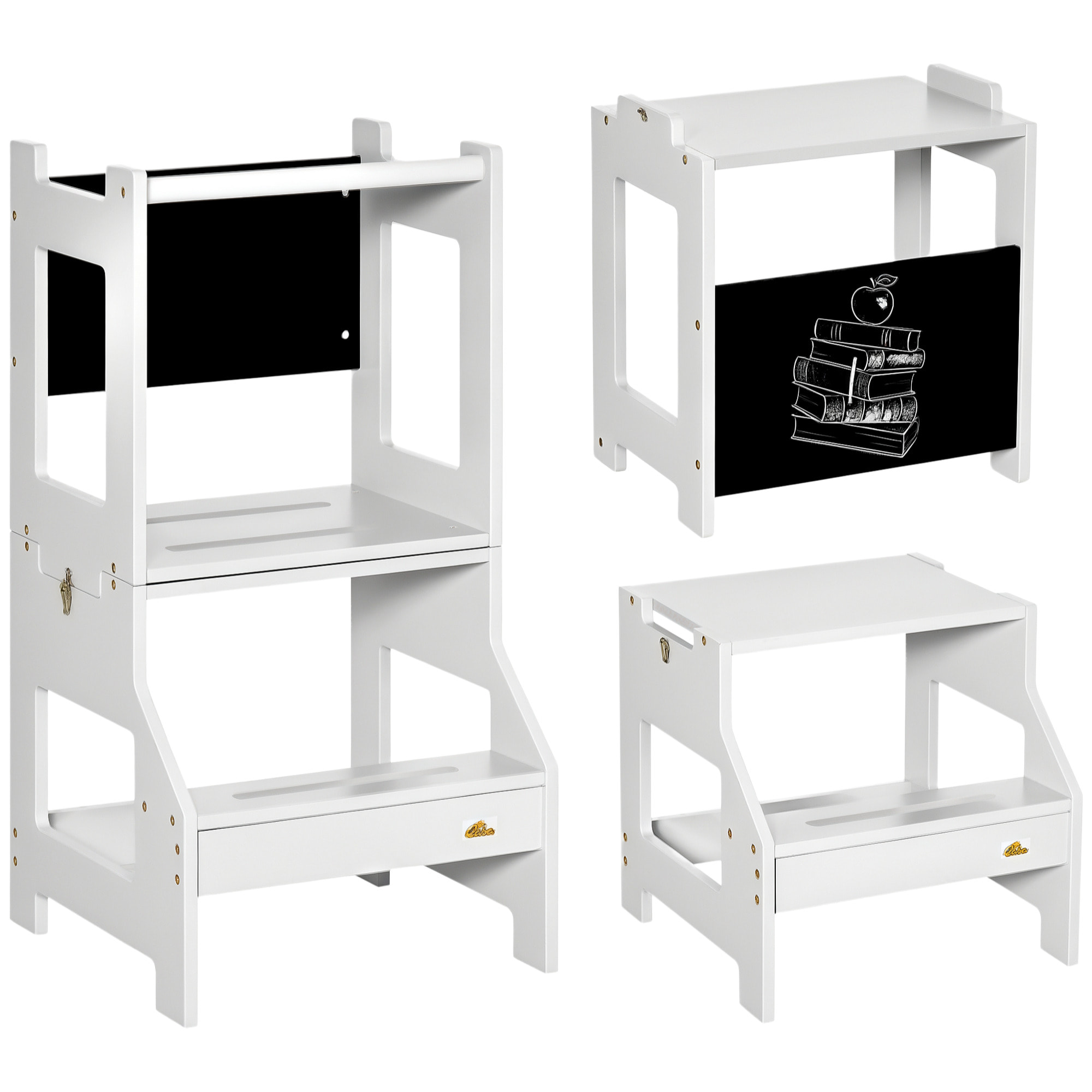 Tour d'apprentissage tableau à craie tabouret bureau 3 en 1 - marches antidérapantes, barreau, hauts rebords de sécurité - MDF gris noir