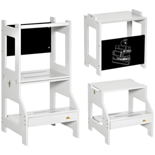 Tour d'apprentissage tableau à craie tabouret bureau 3 en 1 - marches antidérapantes, barreau, hauts rebords de sécurité - MDF gris noir