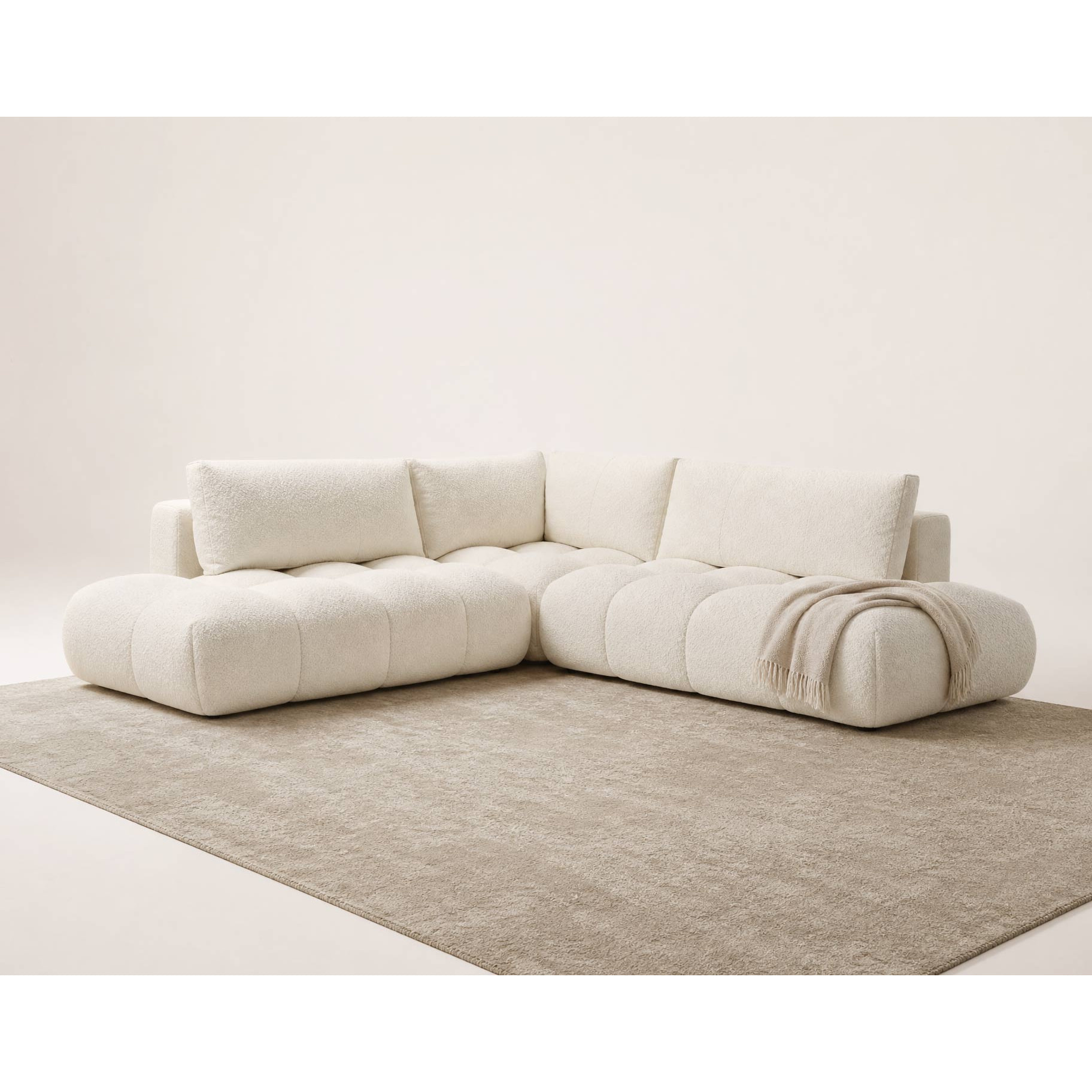 Yulin - Canapé d'angle L 5 places convertible avec coffre en tissu bouclette - Beige