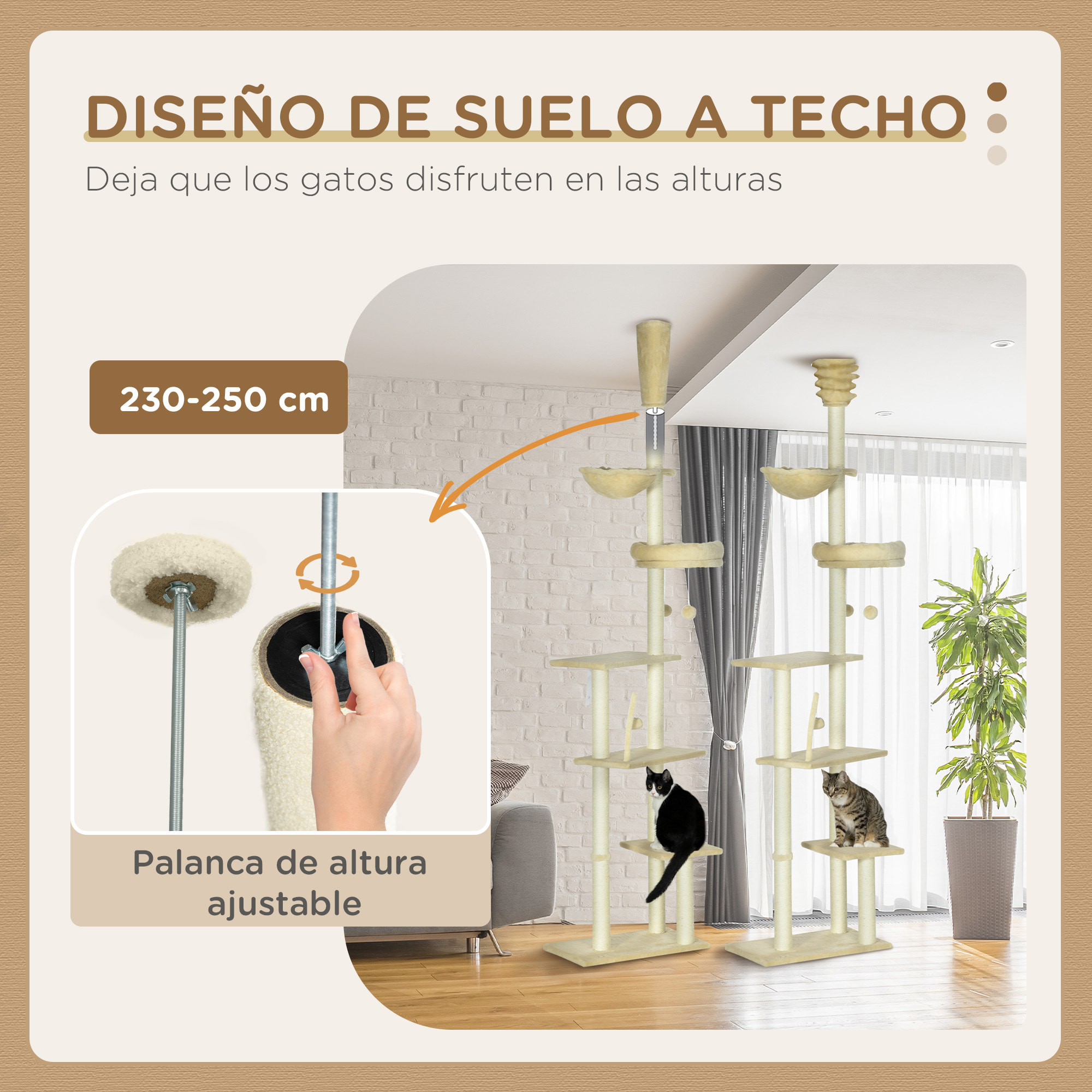 Árbol para Gatos de Suelo a Techo de 230-250 cm Árbol Rascador para Gatos con Altura Ajustable Múltiples Plataformas Cestos Hamaca Bolas Colgantes Beige