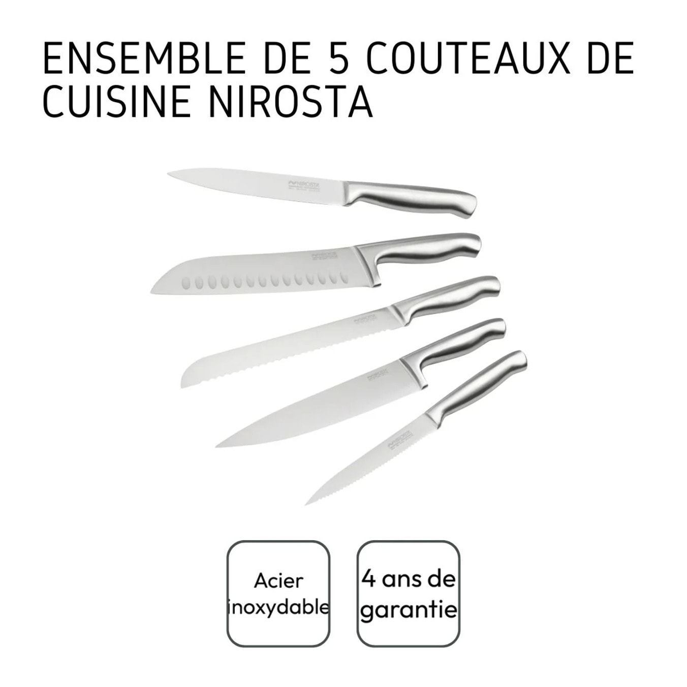 Ensemble de 5 couteaux de cuisine professionnels en inox de 24 à 33,5 cm Nirosta Star