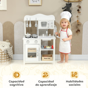 Cocina de Juguete de Madera con Sonido, Cocinita Infantil con Accesorios, Fregadero, Microondas y Fogón, Juguetes para Niños a Partir de 3 Años, 55x24x86 cm, Blanco