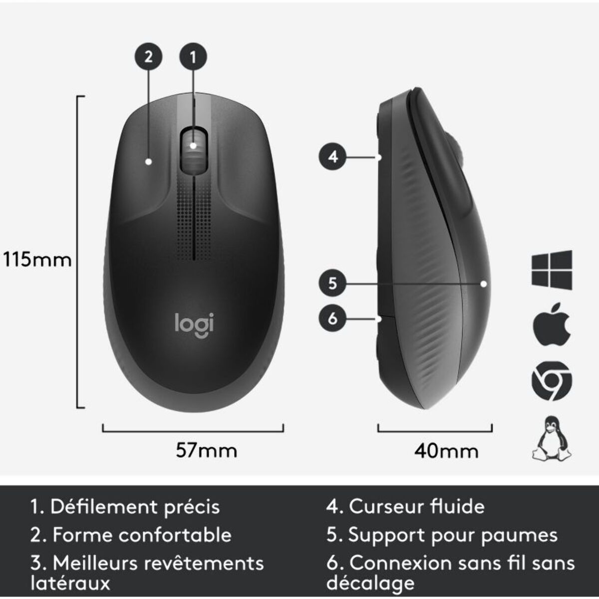 Souris sans fil LOGITECH Ambidextre M190 Noir