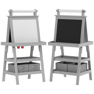Tableau chevalet enfant 3 en 1 tableau double face enfant avec tableau blanc magnétique tableau à craie rangements bois gris