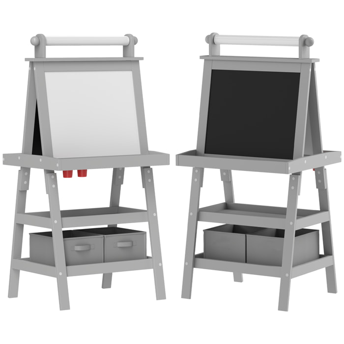 Tableau chevalet enfant 3 en 1 tableau double face enfant avec tableau blanc magnétique tableau à craie rangements bois gris