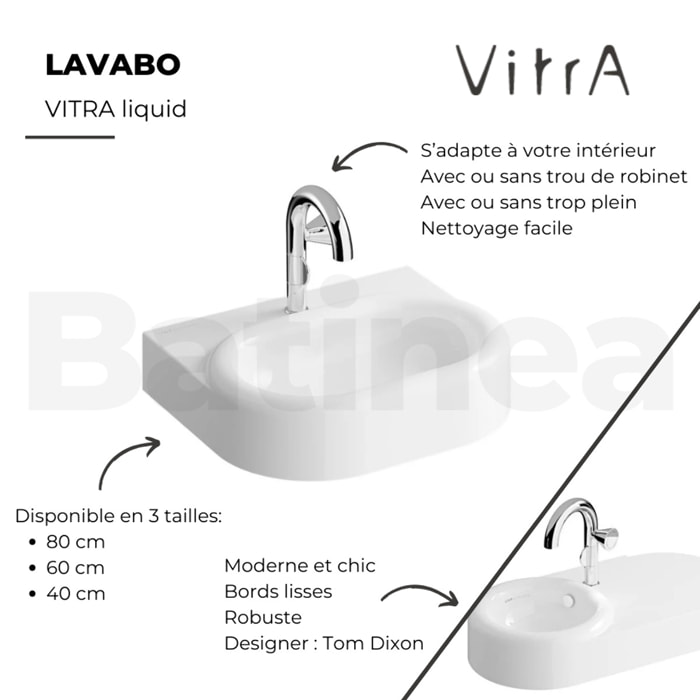 Lavabo VITRA Liquid 60 cm sans trou et sans trop-plein