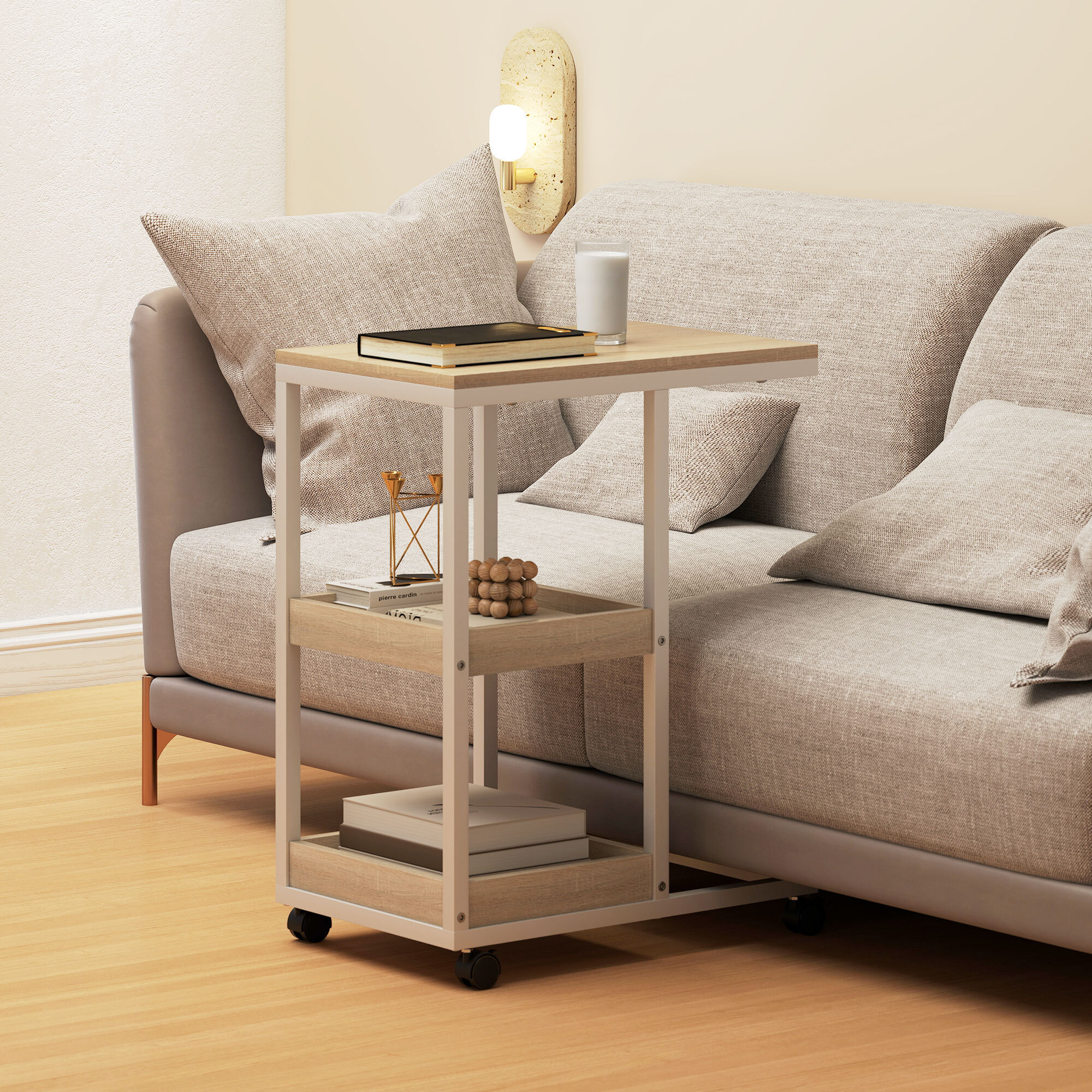 Mesa Auxiliar con Ruedas Mesa Auxiliar para Sofá en Forma de C con 2 Estantes Abiertos, Marco de Acero, para Salón, Dormitorio, 51x33x66 cm, Natural y Blanco