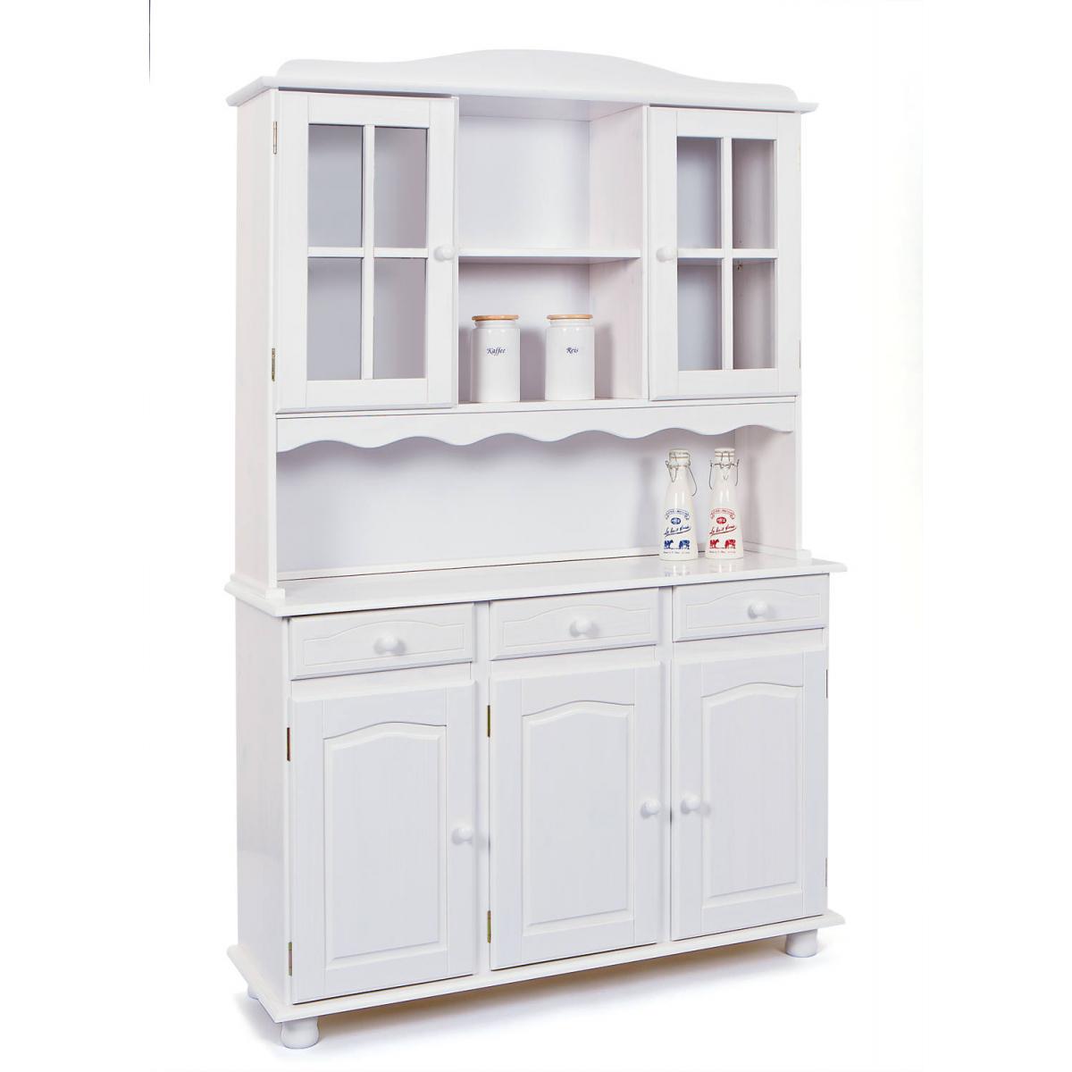 Credenza in con tre ante e cassetti con vetrinetta superiore, colore bianco, cm 130 x 198 x 32