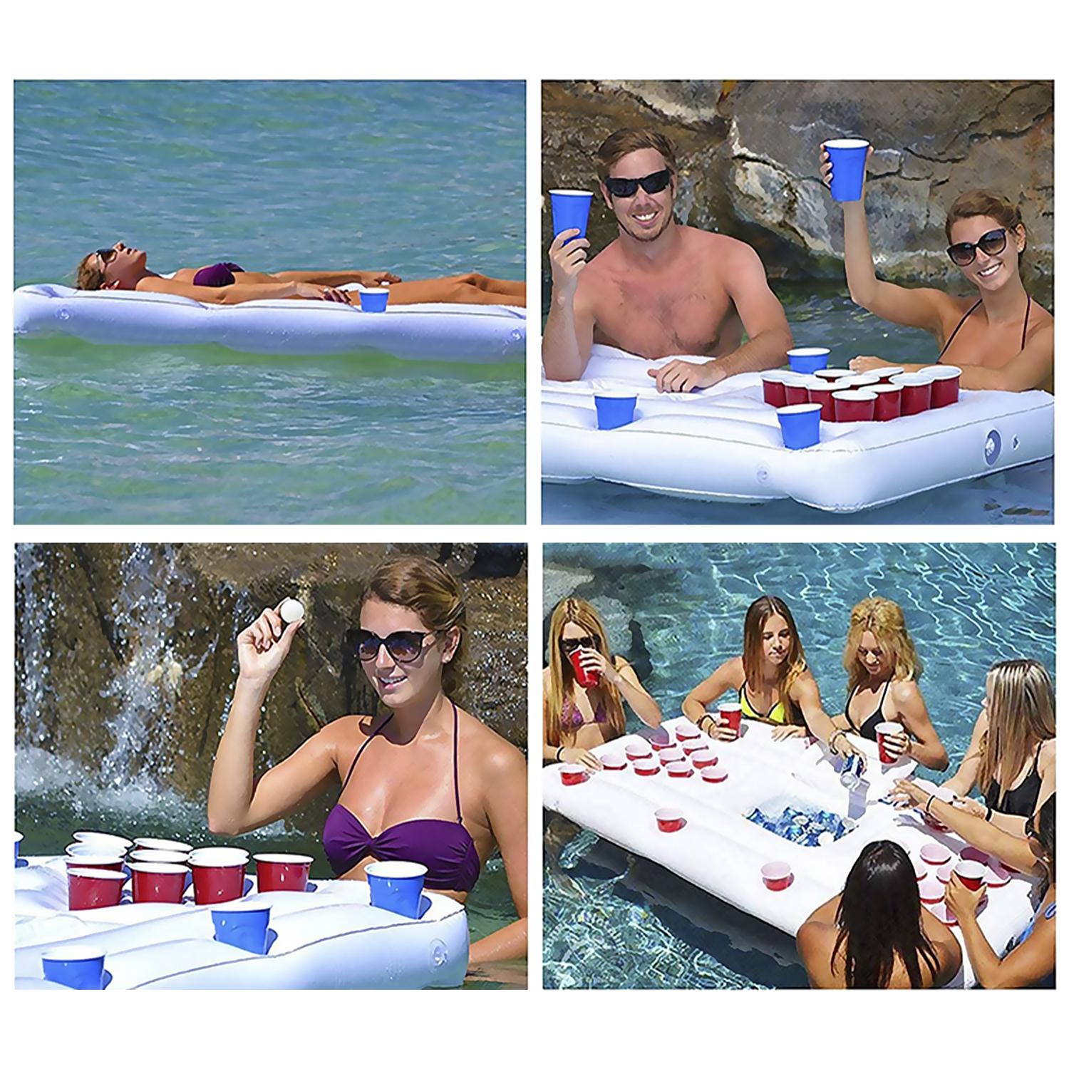 Porta bebidas hinchable, juego de beer-pong, barra de bar de piscina.