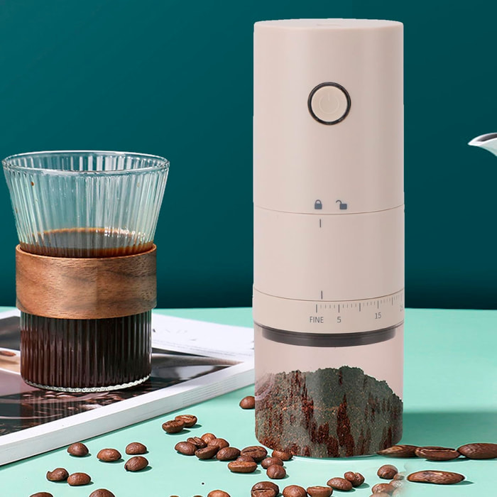 Macina caffè elettrico portatile 995, 30W, batteria ricaricabile da 2000mAh, capacità 120ml, regolazione dello spessore e luci di avviso della batteria.
