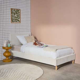 Lit avec sommier à lattes et tête de lit. L 202 x P 96 x H 88cm. blanc. finition velours côtelé (grosse côte)