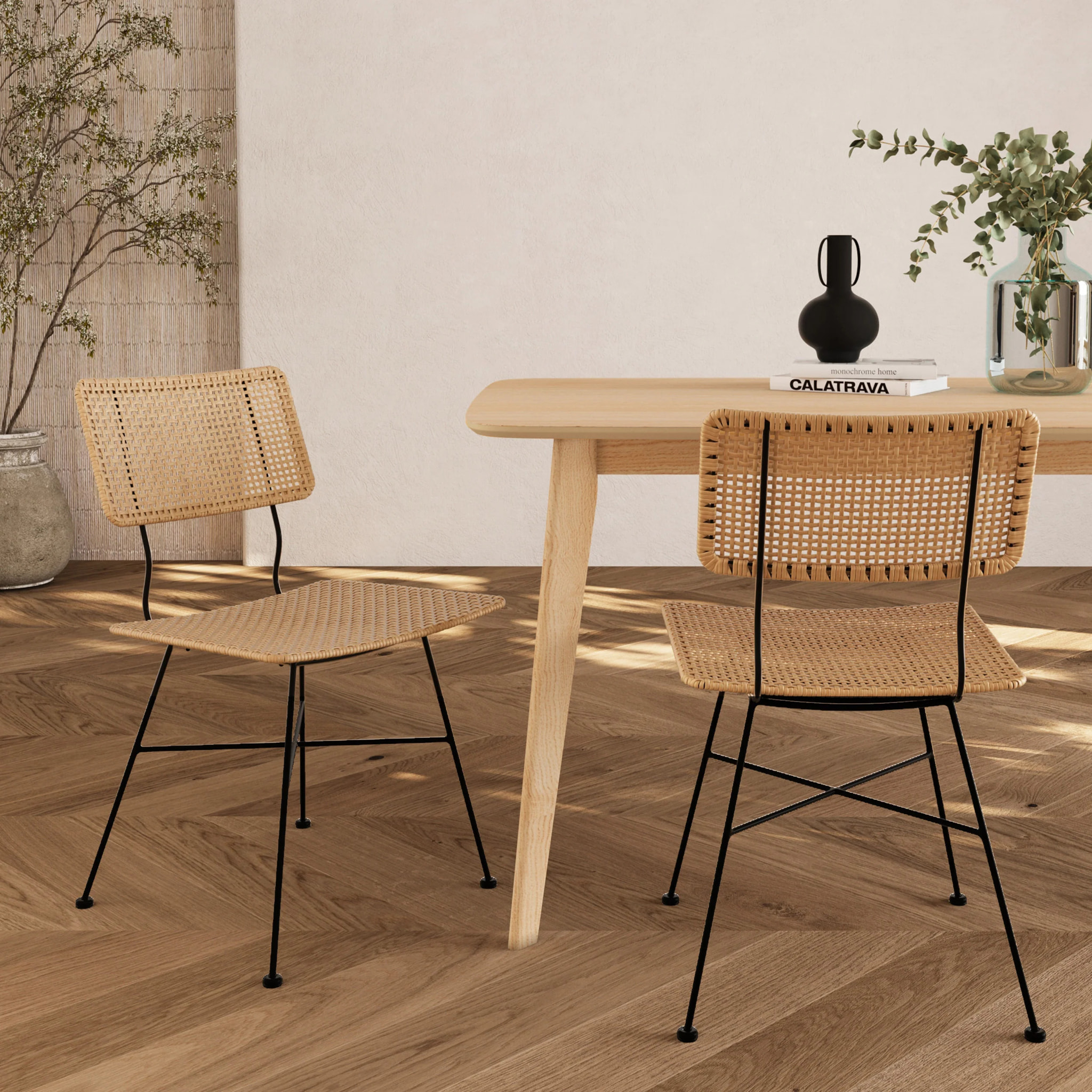 Lot de 2 chaises en rotin et pieds en métal noir - Borga