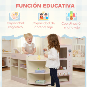 Supermercado Juguete Madera, Tienda de Comestibles con Caja Registradora, Máquina Expendedora, 3 Estantes Abiertos, 4 Compartimentos y Cajas Etiquetadas, para Niños de +3 Años, Rosa