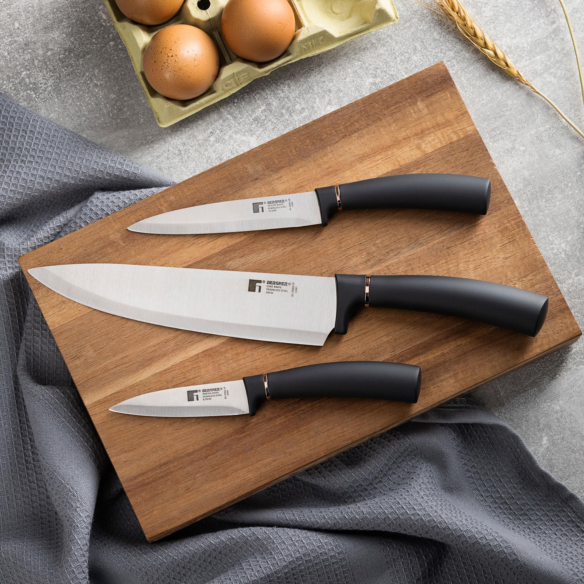 set de 3 cuchillos: chef 20cm + multiusos 12,5cm + pelador 8,75cm - en acero inoxidable de color negro y cobre