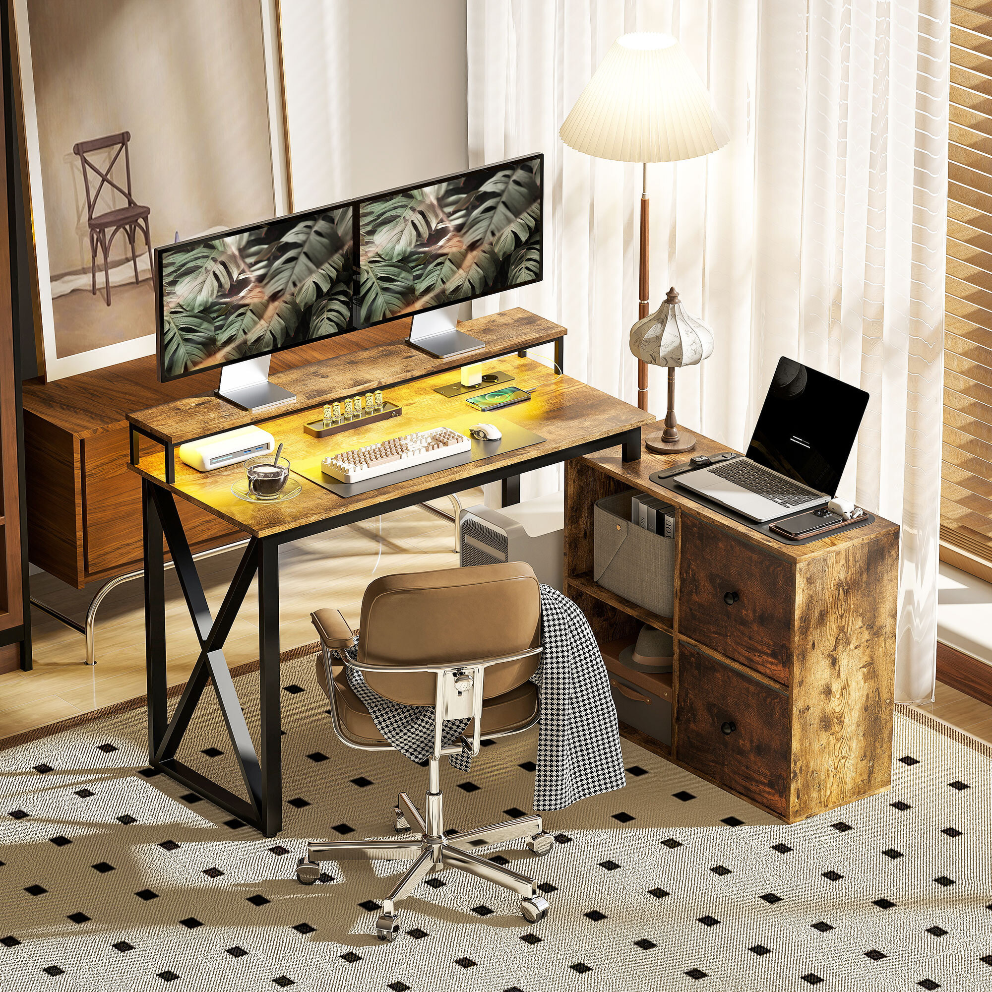 Escritorio Esquinero con Luces LED Escritorio en Forma de L con Estación de Carga 2 Compartimentos 2 Cajones de Tela Soporte para Monitor para Oficina en Casa Marrón Rústico