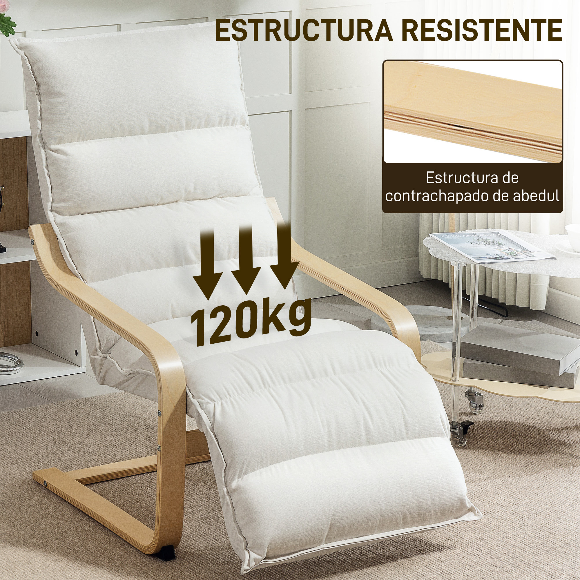 Sillón de Salón con Reposapiés Ajustable, Butaca de Salón Tapizada en Terciopelo, Marco de Madera, Sillón de Relax para Dormitorio, Oficina, Estudio, 67x93x105 cm, Crema