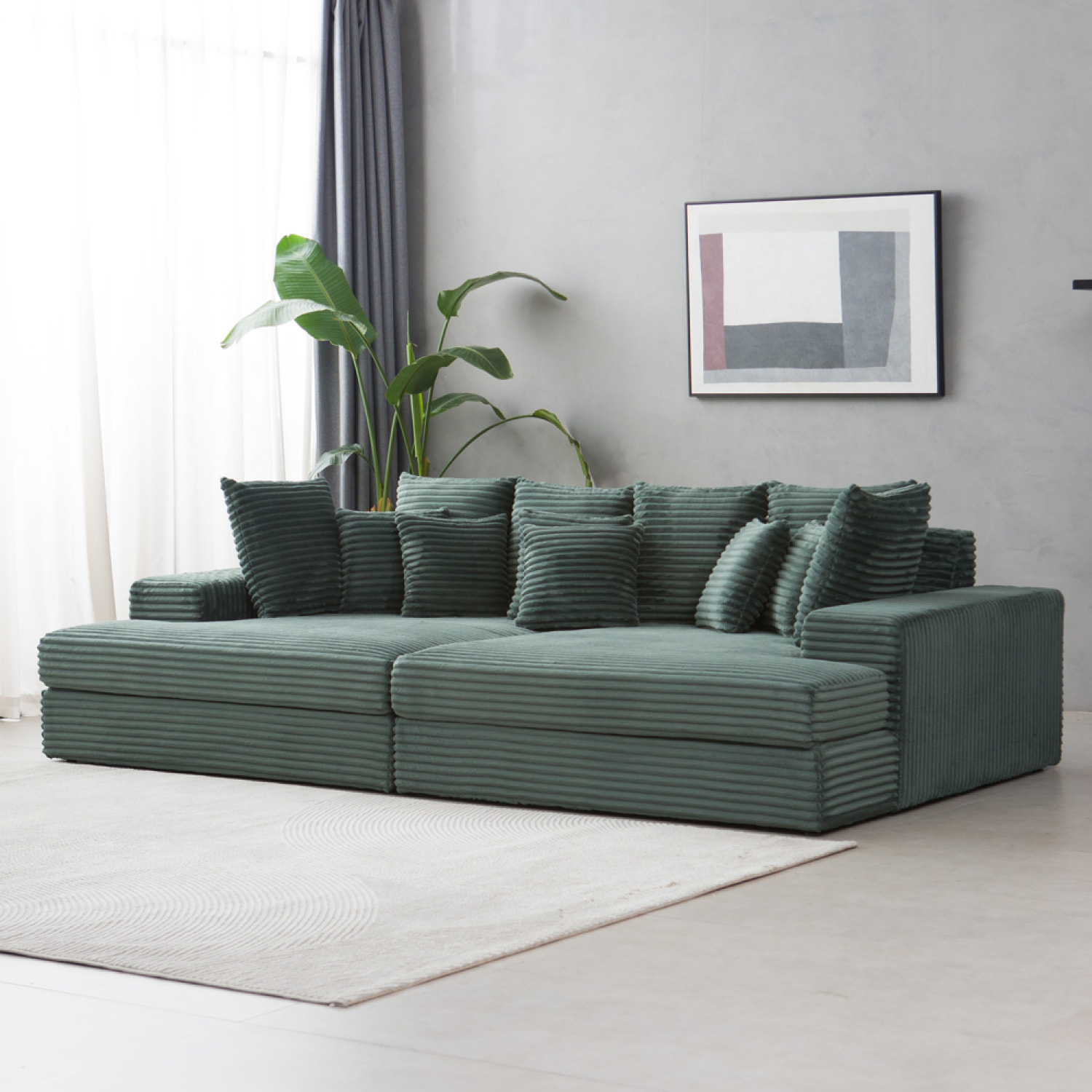 KENDARI Canapé 4 places assise profonde en velours côtelé vert